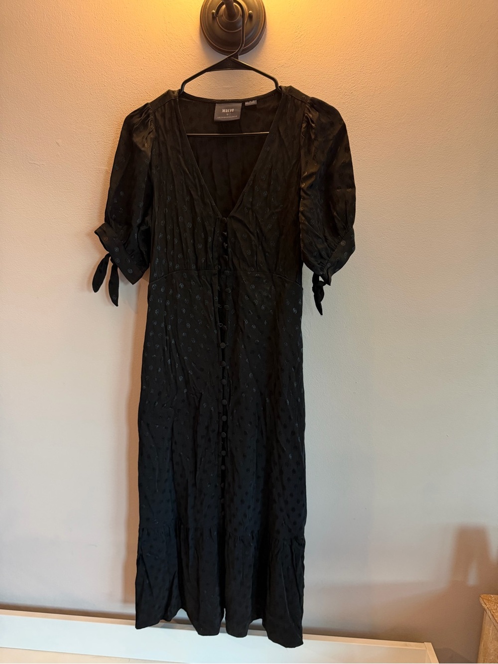 Maeve by Anthropologie Black Tonal Polka Dot Jacquard Button-Front Midi Dress